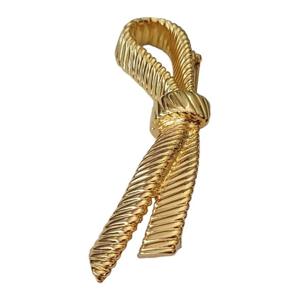 Gold Tone Vintage Ribbed Ribbon Brooch Pin Designer Style, L9 - Picture 5 of 10